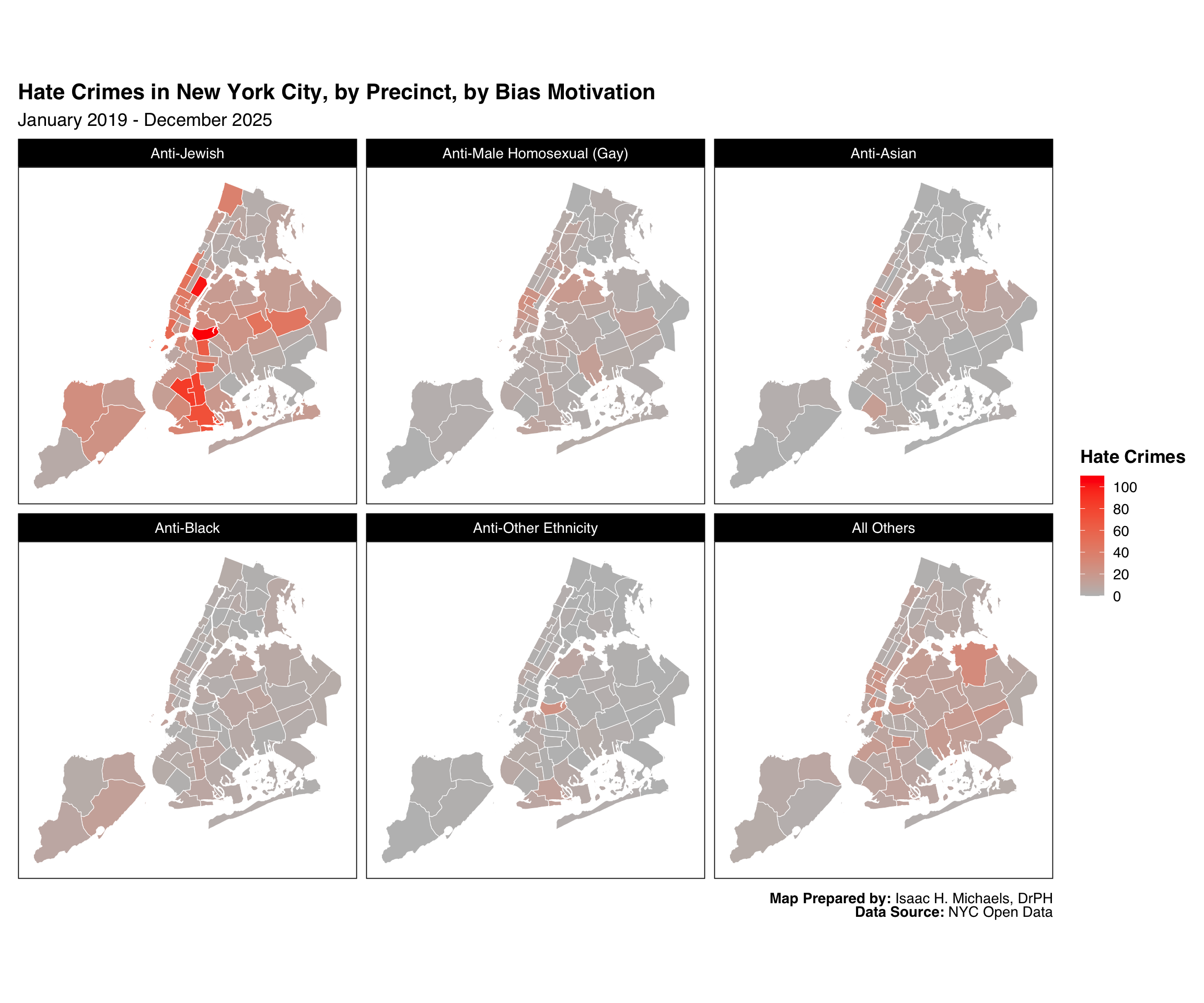 Series of maps of New York City police precincts showing reported hate-crime counts by bias-motive category, one map per motive.