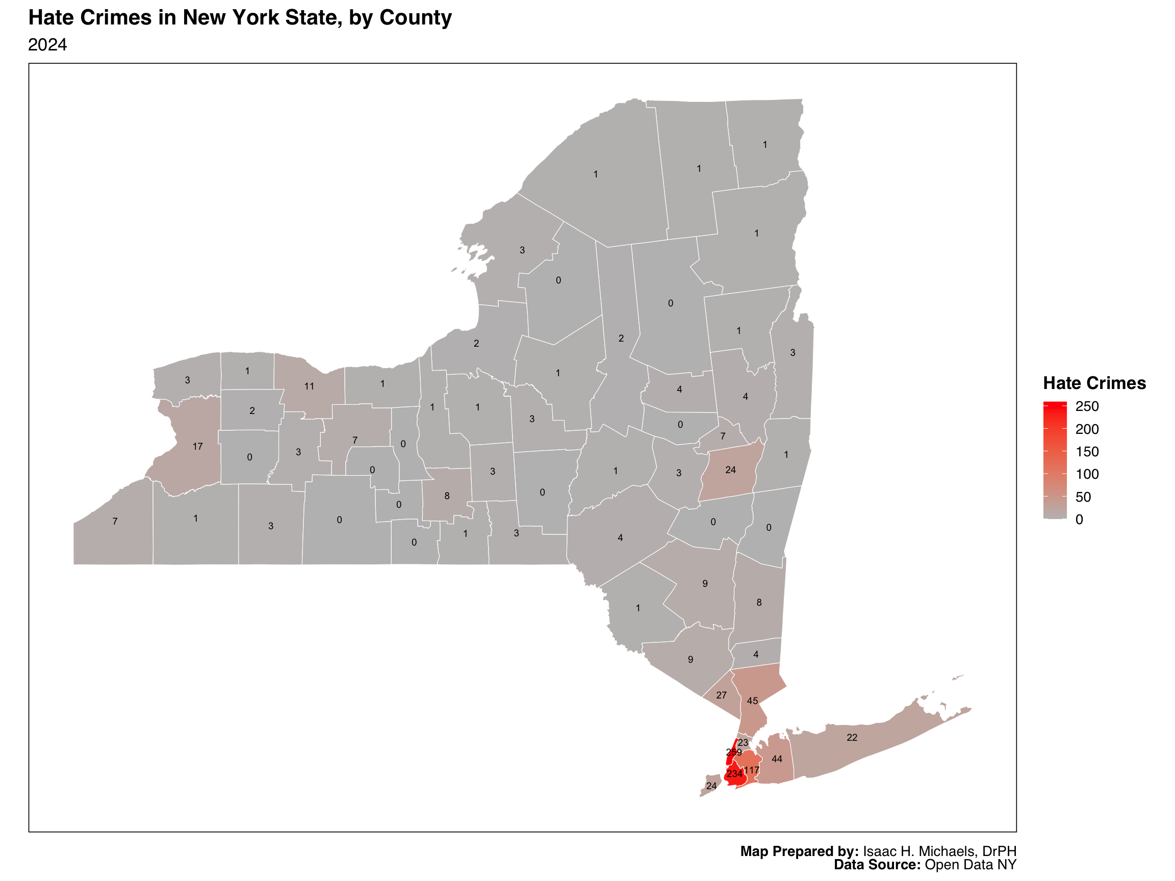 Map of New York State showing total reported hate crimes by county. Counties shaded from light gray (low) to dark red (high); numeric labels display counts.
